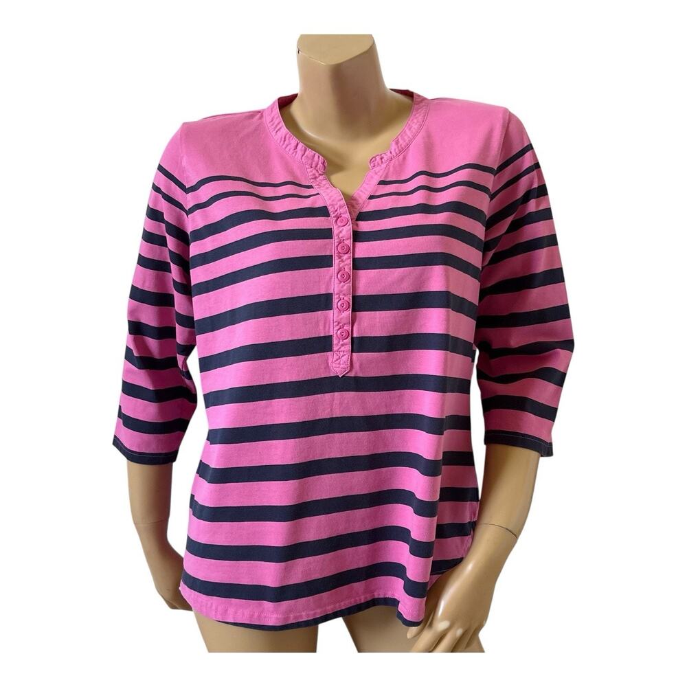 LL Bean Top Womens L Petite Pink Navy Striped Henley 3/4 Sleeve 100% Cotton Tee